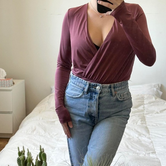 Burgundy long sleeve wrap bodysuit - Picture 6 of 8